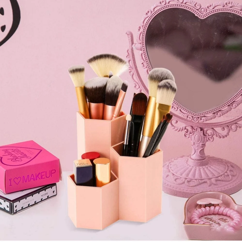 Weiai Makeup Brush Holder Organizer, 3 Slots Peach Pink Cosmetic Brushes Storage
